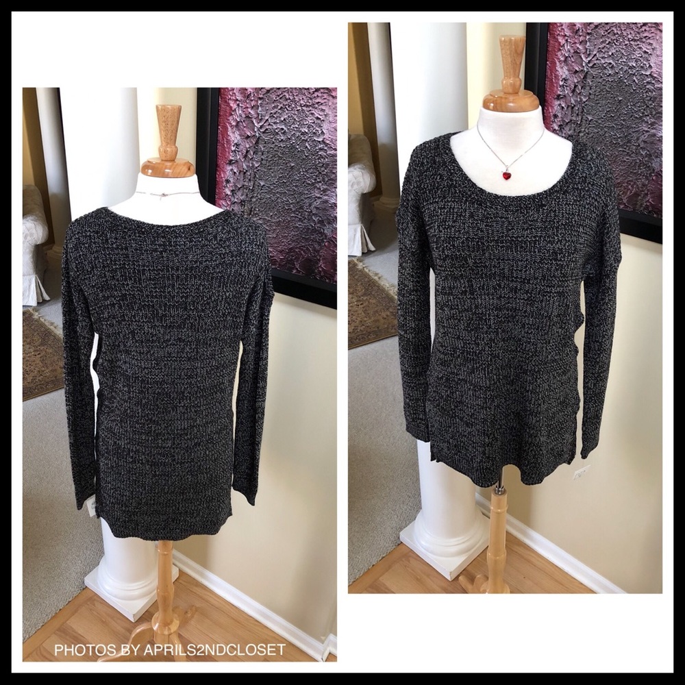 BLACK MARLED CHUNKY KNIT PULLOVER TUNIC SWEATER - Picture 2 of 8